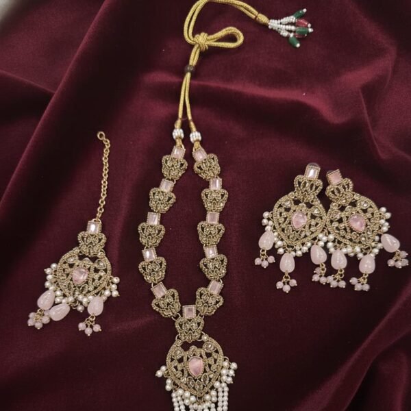 royal rose quartz long mala set – premium wedding collection with pearl tassels