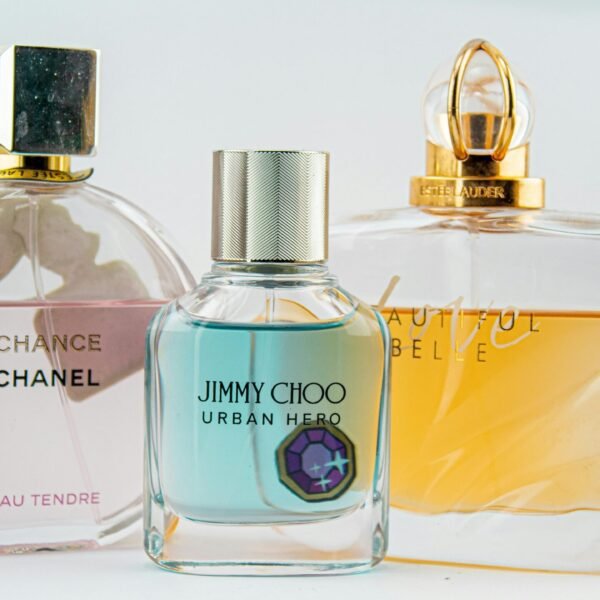 Elegant display of designer perfume bottles featuring Chanel, Jimmy Choo, and Estee Lauder.