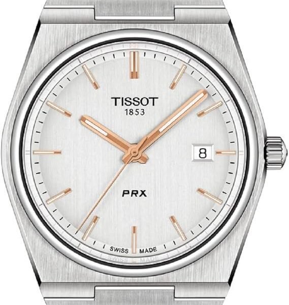 tissot prx swiss made men’s watch – 40mm stainless steel integrated bracelet with silver dial & rose gold accents