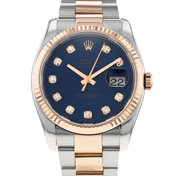 rolex datejust 36 two tone everose gold & steel – deep blue dial with diamond hour markers & fluted bezel