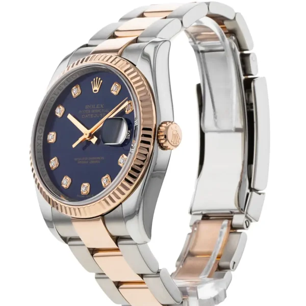 rolex datejust 36 two tone everose gold & steel – deep blue dial with diamond hour markers & fluted bezel
