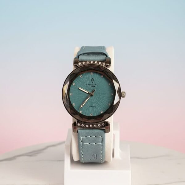 luxury crystal time women’s fashion watch – teal dial with faceted diamond cut glass & faux leather strap