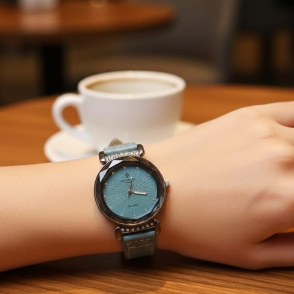 luxury crystal time women’s fashion watch – teal dial with faceted diamond cut glass & faux leather strap
