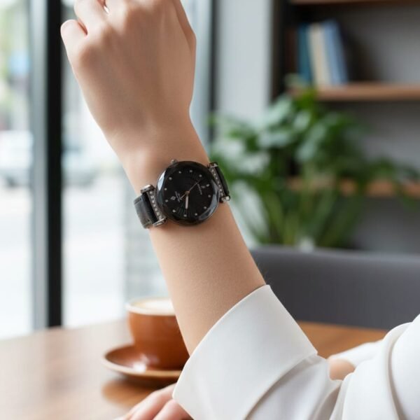 crystal time women’s fashion watch – sleek black sunburst dial with faceted diamond cut glass & leather strap