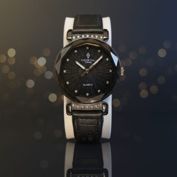 crystal time women’s fashion watch – sleek black sunburst dial with faceted diamond cut glass & leather strap