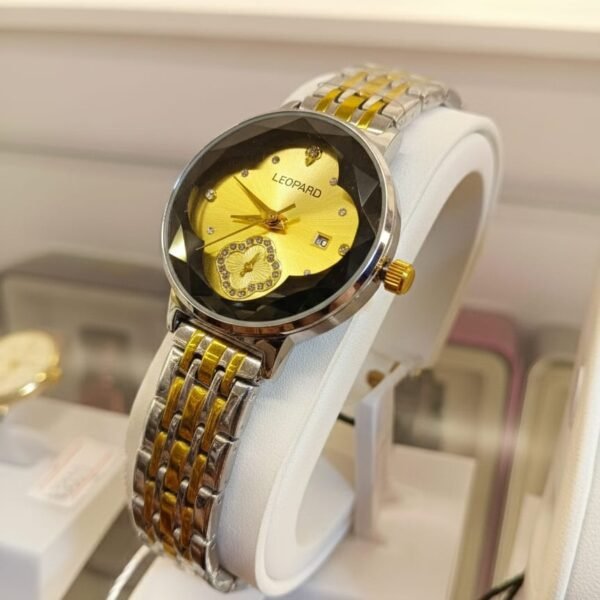 leopard women’s two tone gold & silver watch – faceted diamond cut glass with gold sunray dial & date window