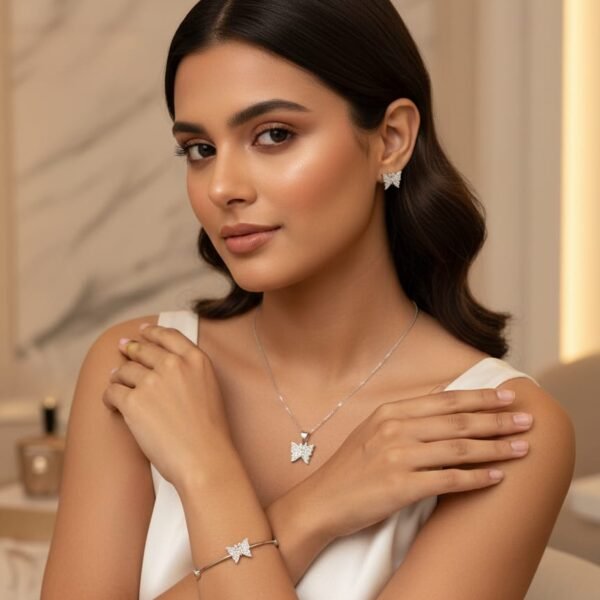 elegant butterfly jewelry set – necklace, stud earrings & bracelet (silver finish)