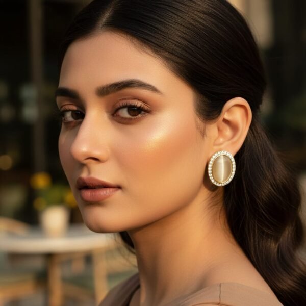 elegant oval stone stud earrings with crystal border – gold finish