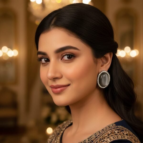 elegant oval stone stud earrings with crystal border – silver finish