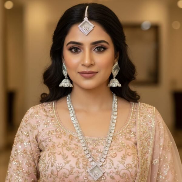 contemporary silver tone diamond style long necklace set