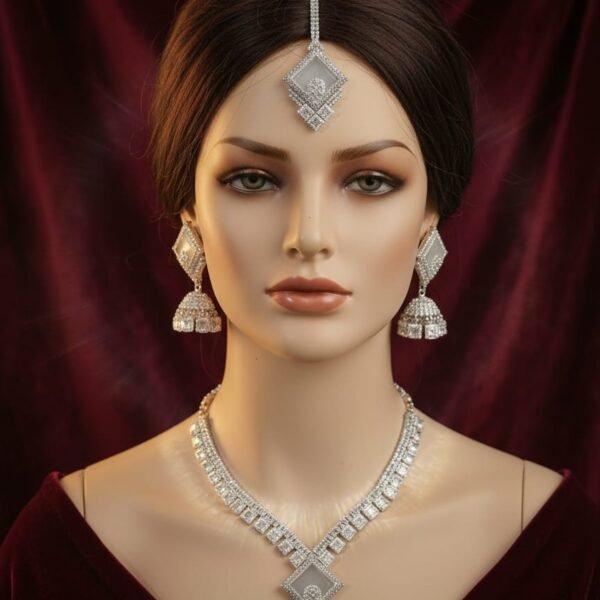 contemporary silver tone diamond style long necklace set