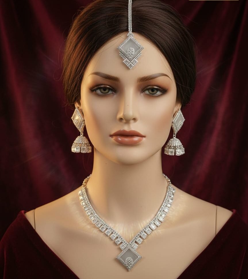 contemporary silver tone diamond style long necklace set contemporary silver tone diamond style long necklace set