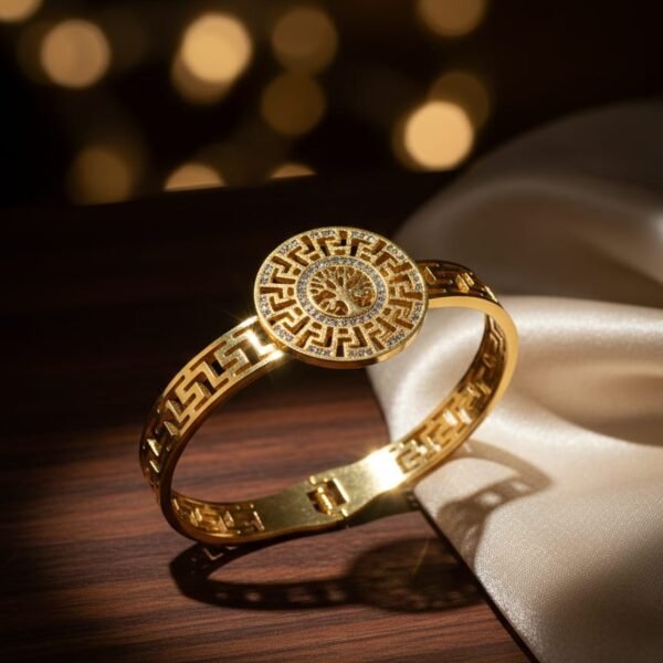 likely gold plated stainless steel or high quality alloy with a polished finish. band style: a hybrid design. the top portion features a brick link pattern (multi link) that transitions into a solid, smooth bangle style cuff at the back. closure: typically features a jewelry style clasp or a hinged spring opening for a seamless "bracelet" look on the wrist.