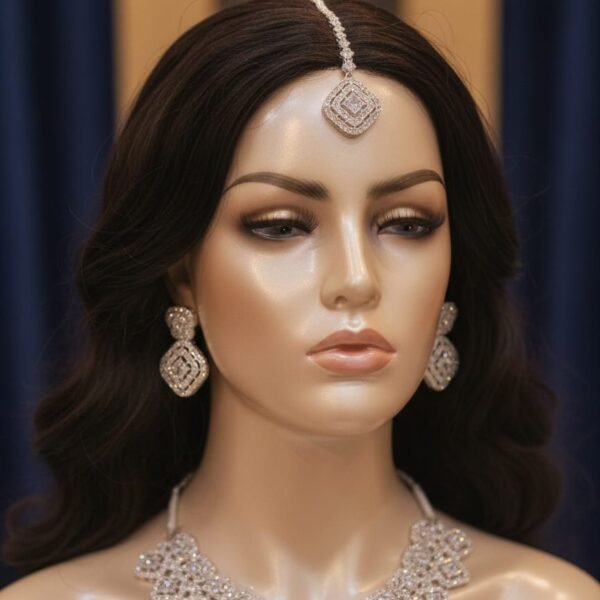 elegant rhodium plated square halo choker set with matching earrings and maang tikka