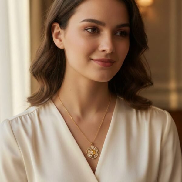 rose blossom halo necklace – elegant circular crystal pendant in 14k gold finish