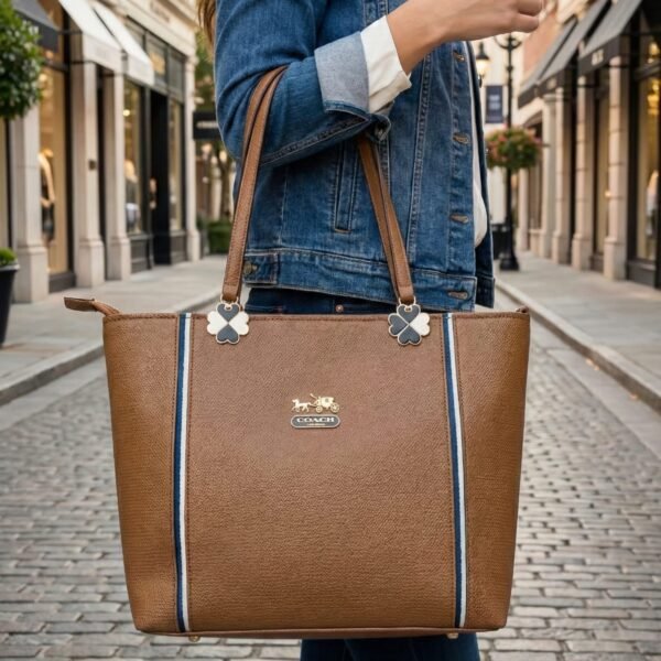 classic brown heritage tote with navy racing stripes – designer style monogram shoulder bag