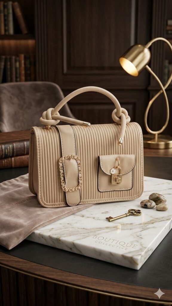 About Us nude ribbed top handle handbag – designer style utility bag with gold chain & padlock detail