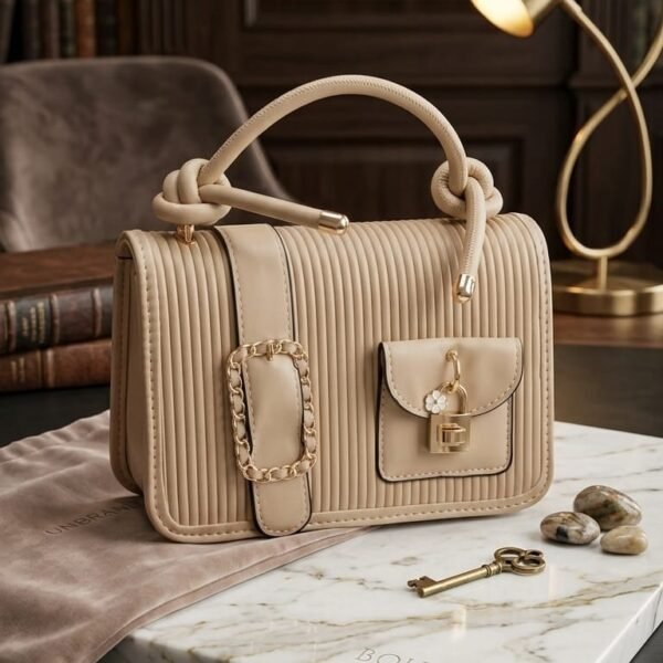 nude ribbed top handle handbag – designer style utility bag with gold chain & padlock detail