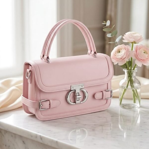 elegant blush pink top handle bag – structured pastel crossbody with silver belt & clasp details