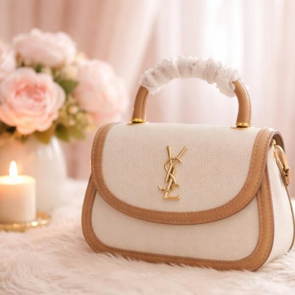 luxury two tone top handle bag – cream & tan crossbody purse with gold monogram logo
