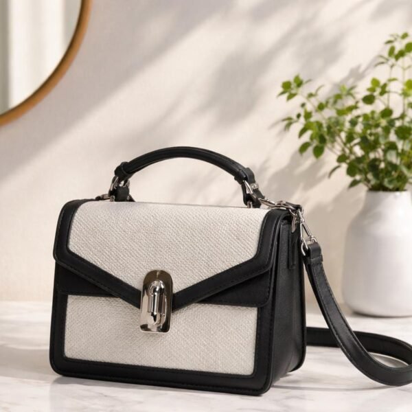 luxury two tone top handle bag – cream & tan crossbody purse with gold monogram logo