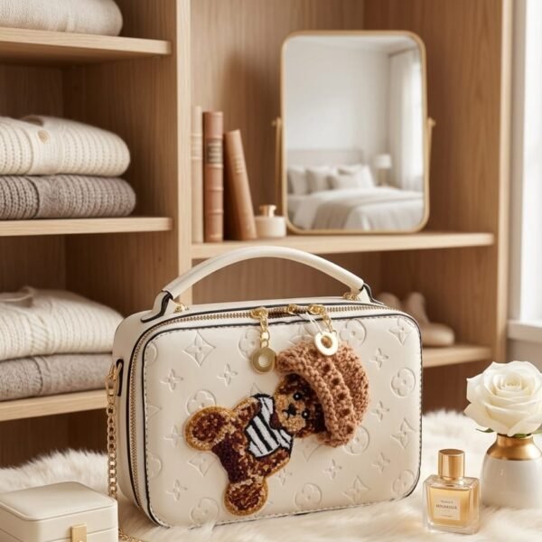 luxury two tone top handle bag – cream & tan crossbody purse with gold monogram logo