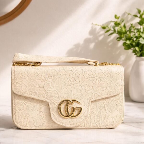 luxury two tone top handle bag – cream & tan crossbody purse with gold monogram logo