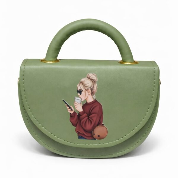 urban chic mini saddle bag – sage green vegan leather handbag with lifestyle graphic