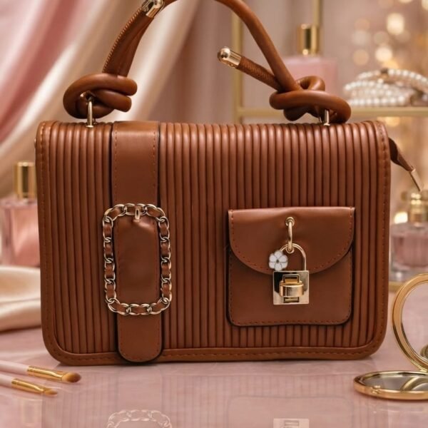 nude ribbed top handle handbag – designer style utility bag with gold chain & padlock detail