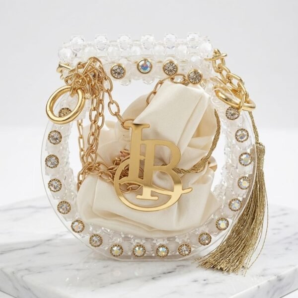 product title luxury circular mini acrylic bag – beaded monogram statement clutch with satin pouch