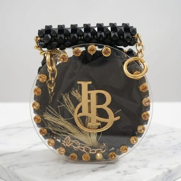 product title luxury circular mini acrylic bag – beaded monogram statement clutch with satin pouch