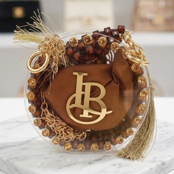 product title luxury circular mini acrylic bag – beaded monogram statement clutch with satin pouch