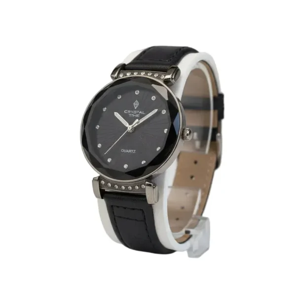 crystal time women’s fashion watch – sleek black sunburst dial with faceted diamond cut glass & leather strap