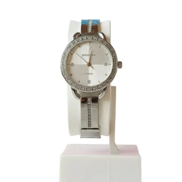 women's silver tone quartz watch with crystal encrusted bezel