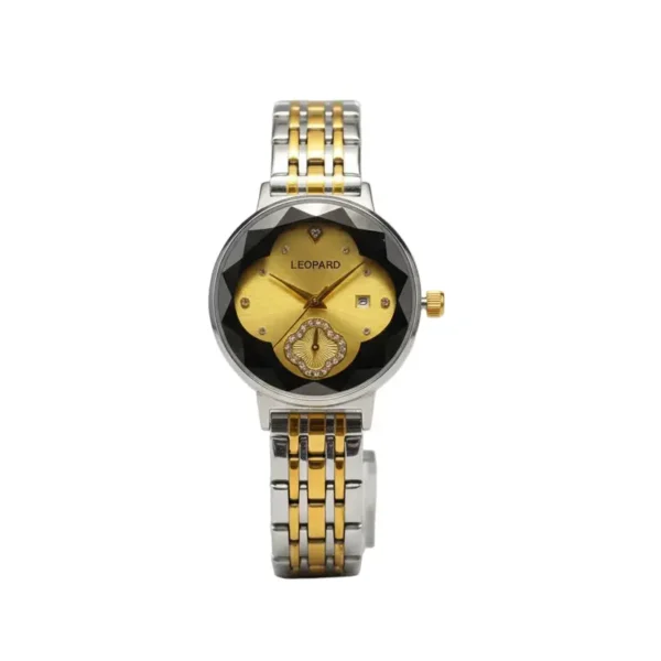 leopard women’s two tone gold & silver watch – faceted diamond cut glass with gold sunray dial & date window