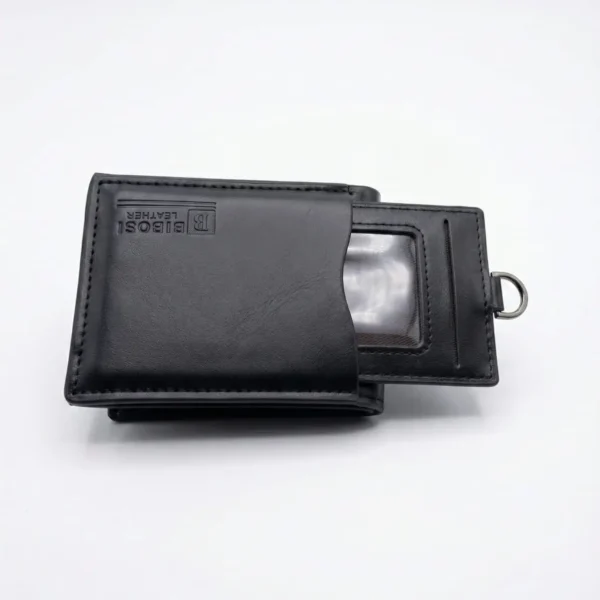 premium black leather bifold wallet with detachable flip out id window & d ring