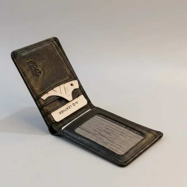 a q leather vintage handcrafted bifold wallet – distressed black cowhide with contrast stitching