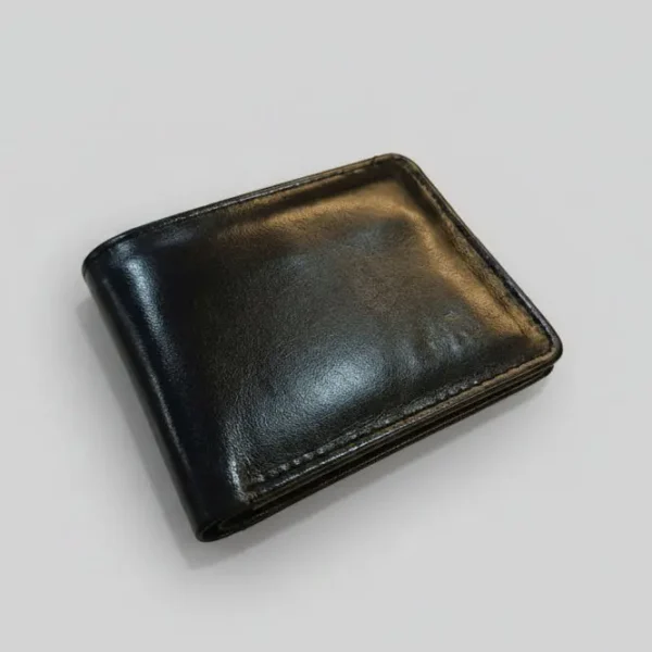 premium black leather bifold wallet with detachable flip out id window & d ring