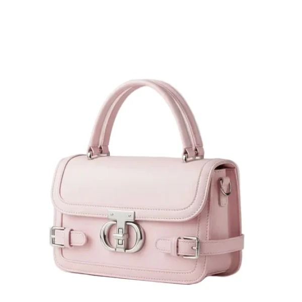 elegant blush pink top handle bag – structured pastel crossbody with silver belt & clasp details