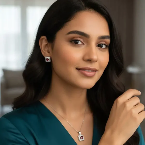 elegant square ruby style jewelry set – necklace, stud earrings & bracelet