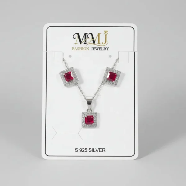 elegant square ruby style jewelry set – necklace, stud earrings & bracelet