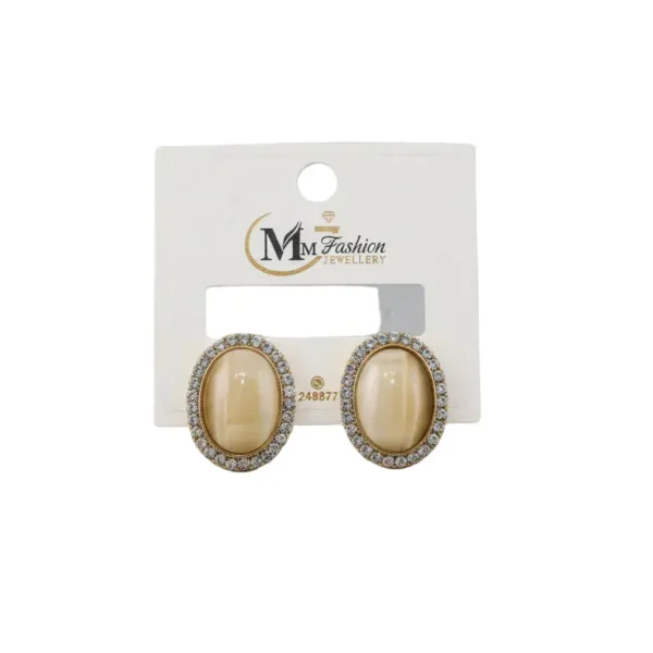 elegant oval stone stud earrings with crystal border – gold finish
