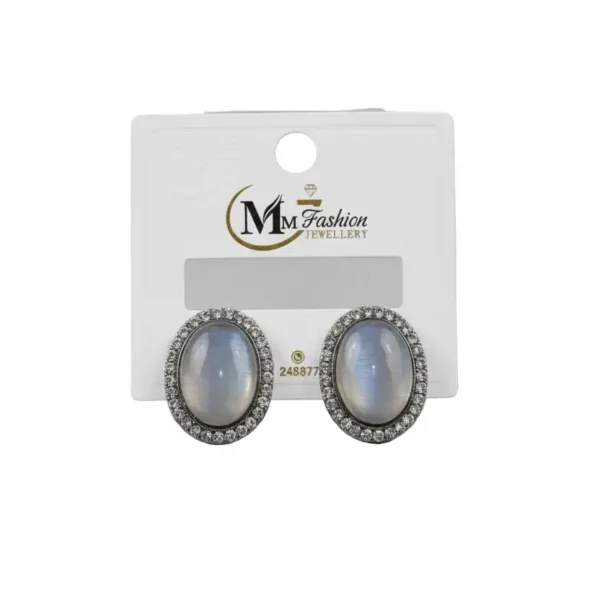 elegant oval stone stud earrings with crystal border – silver finish