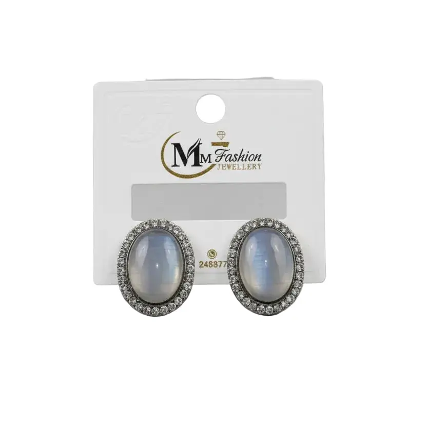 elegant oval stone stud earrings with crystal border – silver finish elegant oval stone stud earrings with crystal border – silver finish