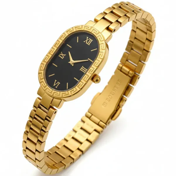 likely gold plated stainless steel or high quality alloy with a polished finish. band style: a hybrid design. the top portion features a brick link pattern (multi link) that transitions into a solid, smooth bangle style cuff at the back. closure: typically features a jewelry style clasp or a hinged spring opening for a seamless "bracelet" look on the wrist.