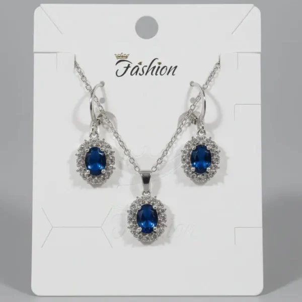 classic silver tone sapphire blue oval pendant and earrings set