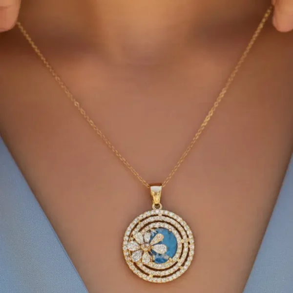 rose blossom halo necklace – elegant circular crystal pendant in 14k gold finish