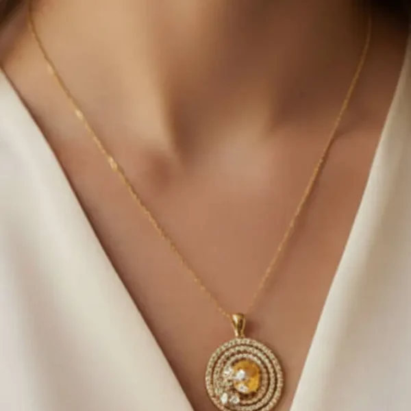 rose blossom halo necklace – elegant circular crystal pendant in 14k gold finish
