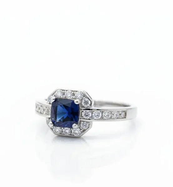 rhodium plated square halo statement ring with pave inlaid band