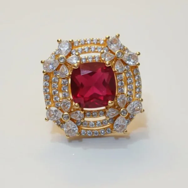 vintage inspired cushion cut ruby red cocktail ring in gold finish